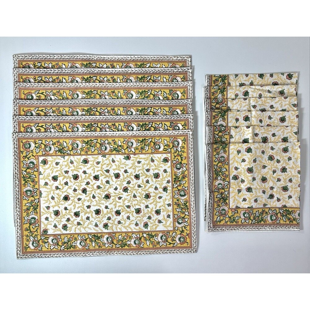 Set, 12 pc, 6 Napkins and Placemats Yellow Indian Hand Block Floral Print Design